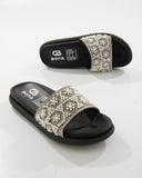 Slide Floral Relieve Dorada – Sandalia Plana con Perlas Bona