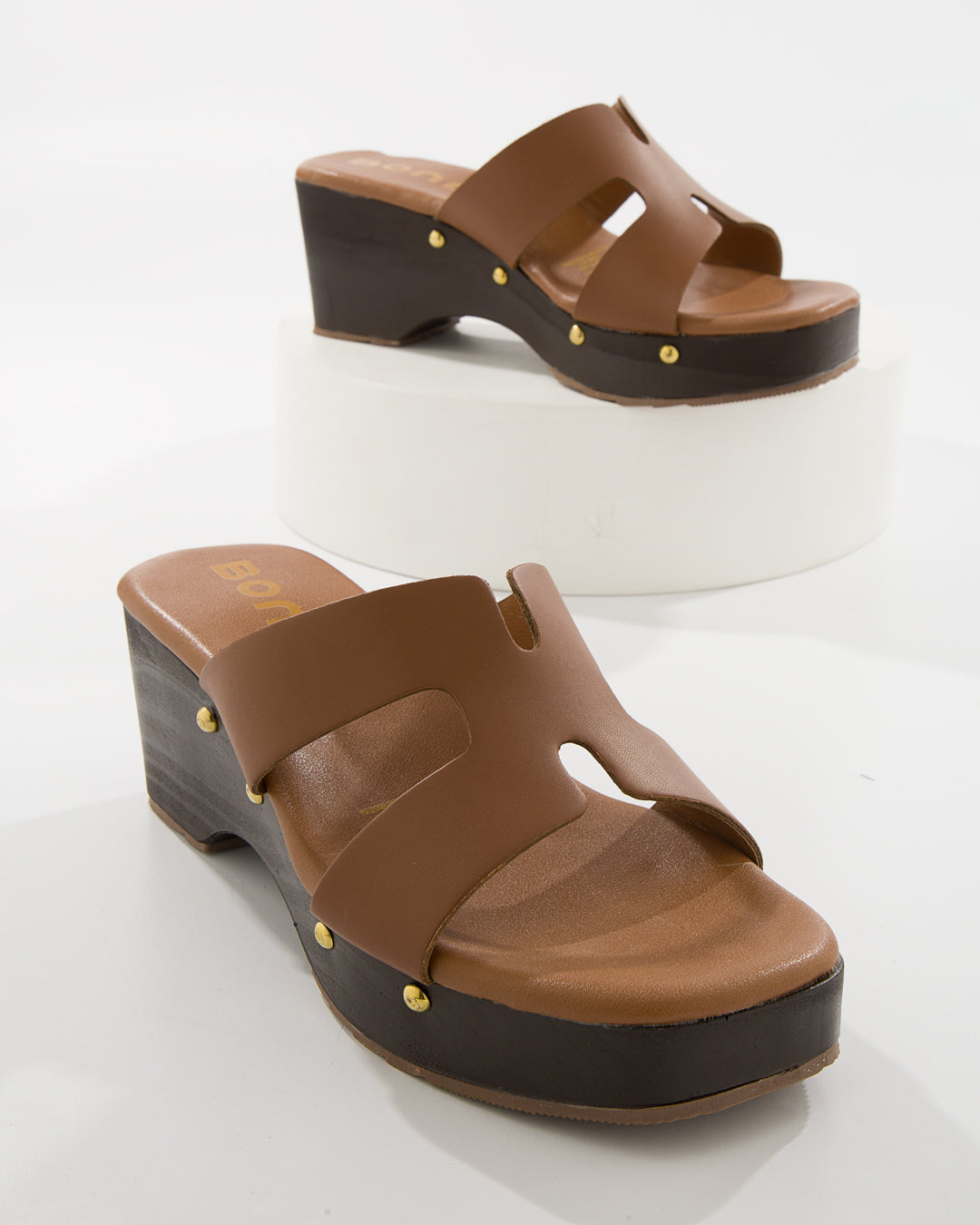 Mule Cuña Madera Tira Cruzada